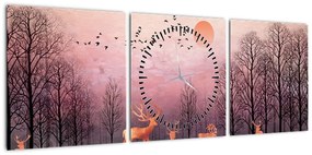 Zdjęcie - Jeleń w blasku zachodzącego słońca (z zegarem) (90x30 cm)