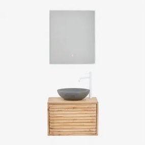 Zestaw Wiszących Mebli Łazienkowych 60x45 Cm Z Drewna Deleyna Naturalna & Okrągły Szary Cement Ø40 Cm Tarsis & Prostokątna Lampa Led I Przeciwmgielna
