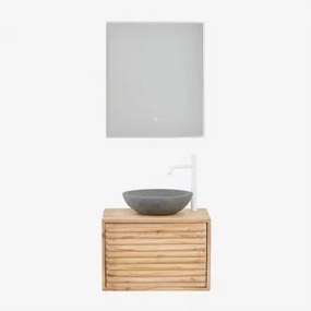 Zestaw Wiszących Mebli Łazienkowych 60x45 Cm Z Drewna Deleyna Naturalna & Okrągły Szary Cement Ø40 Cm Tarsis - Sklum