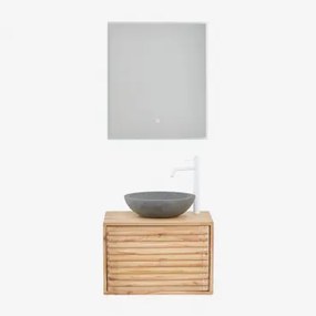 Zestaw Wiszących Mebli Łazienkowych Z Drewna Deleyna Naturalna & Okrągły Szary Cement Ø40 Cm Tarsis & Prostokątna - Sklum