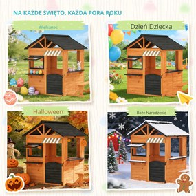 AIYAPLAY Drewniany domek dla dzieci z kuchnią, ławką, okienkami i drzwiami dla dzieci w wieku 3-8 lat, 171,5 x 146 x 156 cm, brązowy | Aosom PL