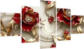 Obraz - 3D czerwono-złote kwiaty (125x70 cm)