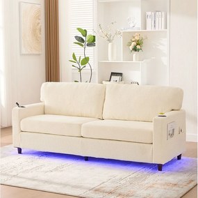 Nowoczesna sofa 2-osobowa - 203 x 77,5 x 85 cm - z USB-C + diodami LED + uchwytami na kubki i kieszeniami bocznymi - welur - beżowa