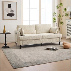 Sofa 2-osobowa w kolorze beżowym - Prosta sofa ze schowkiem i oświetleniem LED - port ładowania USB i drewniane nogi