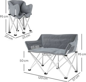 Outsunny Składane Krzesło 2-osobowe Campingowe z Podłokietnikami i Boczną Kieszenią, Obciążenie do 240kg, Szare