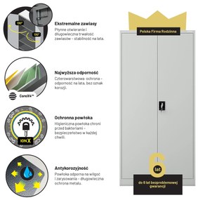 Biurowa szafa metalowa na akta JAN, 900 x 1850 x 400 mm szara