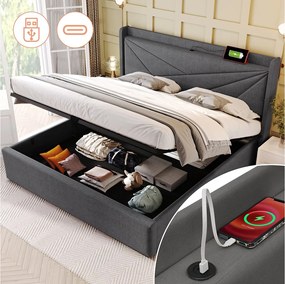 Łóżko ze schowkiem 160 x 200 cm z zagłówkiem - USB + typ C - tkanina lniana - szare