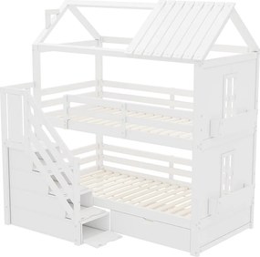Łóżka piętrowe 2 x 90 x 200 cm ze schodkami do przechowywania, szufladami i półkami - sosna + MDF - białe (bez materaca)