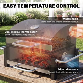Outsunny Grill na węgiel drzewny ze stali przenośny BBQ Smoker z pokrywą regulowanymi otworami wentylacyjnymi dwupoziomowy pojemnik na węgiel termometr | Aosom PL