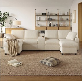 Narożnik z 2 podnóżkami ze schowkiem + 2 uchwytami na kubki + 1 portem USB i gniazdkami - 315 x 135 x 81 cm - aksamit - beżowy