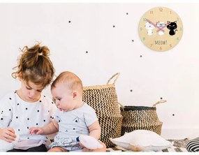 Zegar na ścianę cichy do pokoju dziecięcego drewniany nowoczesny kotki meow