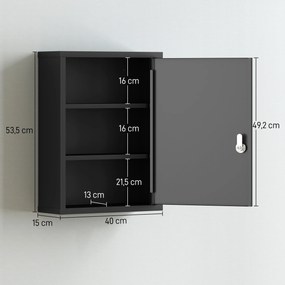 kleankin Apteczka ścienna z zamkiem, 3-poziomowa stalowa szafka na ścianę, 40 x 15 x 53,5 cm, czarna | Aosom PL