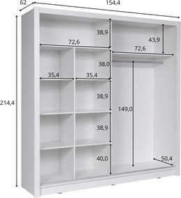 Szafa Przesuwna FRISKA 154,4 cm z Lustrem Szafa Dwudrzwiowa, Szary