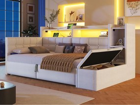 Sofa rozkładana z pojemnikiem 90 × 200 cm - z portami USB + Type-C - ławka do przechowywania u stóp łóżka - z paskiem LED - biały