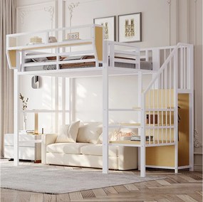 Łóżko piętrowe dla dzieci - 90 x 200 cm - ze schodkami do przechowywania + szafa - MDF + Metal - białe