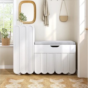 Nowoczesna szafka na buty - 90 x 35 x 74,5 cm - z 3 drzwiami + 1 szufladą + poduszka na siedzisko - MDF - biała