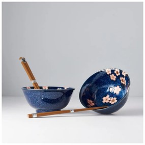 Zestaw 2 niebieskich ceramicznych misek i pałeczek MIJ Pink Sakura