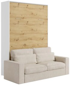 Łóżko chowane w ścianie w ścianie 140 x 200 cm - Otwieranie pionowe ręczne - Kolor: Naturalny i biały + Kanapa - BEGANIO