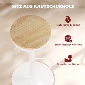 HOMCOM Stołki barowe 2 szt., regulowane, obrotowe 360° z ramą stalową i podnóżkiem 38,5x38,5x60-80 cm Drewno naturalne+Biały | Aosom PL