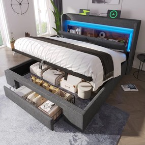 Łóżko tapicerowane hydrauliczne ze schowkiem - 160 x 200 cm - ze schowkiem na pościel w zagłówku + diody LED + USB + szuflada - len - szary