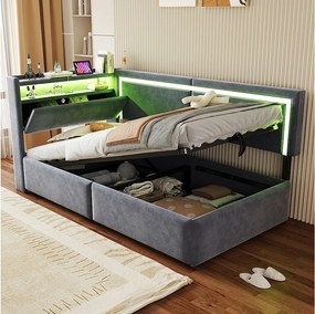Łóżko dziecięce z pojemnikiem - 90 x 200 cm - z diodami LED + USB + otwierany zagłówek + hydrauliczny schowek - welur - szary