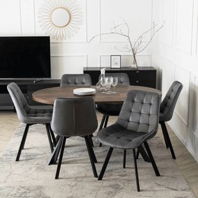 Zestaw Stół Okrągły Rozkładany LUKAS 100-250 cm Dąb Rustykalny/Czarny i 6 Krzeseł RICK Szarych Welurowych Nowoczesnych