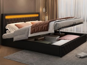 Łóżko z pojemnikiem pikowane 140x190 cm - z oświetleniem LED - z miejscem do przechowywania - z stelażem lamelowym - PU - Czarny (materac nie jest wliczony w cenę)