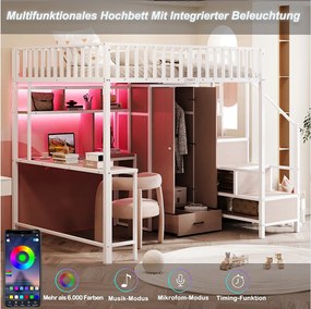 Łóżko piętrowe metalowe dla dzieci - 140 x 200 cm - z biurkiem + półką + szafą + szufladą + drabinką + diodami LED - białe