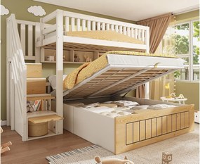 Łóżko piętrowe 90x200cm + 140x200cm - Dolne łóżko z miejscem do przechowywania - drabina z pojemnikami - z portem USB - Biały+Naturalny (bez materaca)