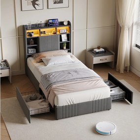 Łóżko 90x200 cm z 2 szufladami, oświetleniem LED, USB typu C, stolikami nocnymi ze schowkiem, otwartymi przegrodami, stelażem z listew - Szare