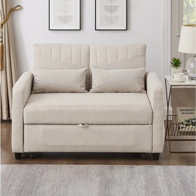 Rozkładana sofa z podłokietnikami, regulowanym oparciem i kieszeniami bocznymi – beżowy len