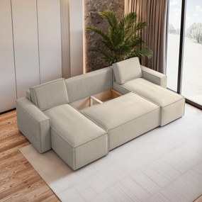 Masseno Narożnik PESANO z funkcją spania i pojemnikiem na pościel Narozniki U, Rozkładana sofa - Kremowy, POSO 100
