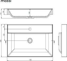 Massi Umywalka z konglomeratu blatowa prostokątna biała NAVI 70cm | Różne rozmiary | Z otworem na baterię lub bez : Otwory na baterię - Bez otworów, Rozmiar - 70 x 45 cm