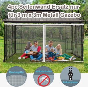 Moskitiera Outsunny do Pawilonu 3x3 z 4 Bocznymi Panelemi, Siatka Przeciwko Owadom z Zamkami i Haczykami, Siatka Nylonowa, Czarna
