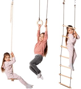 Zestaw do wspinaczki i huśtawki 3w1: drabinka linowa, kółka gimnastyczne i huśtawka talerzowa