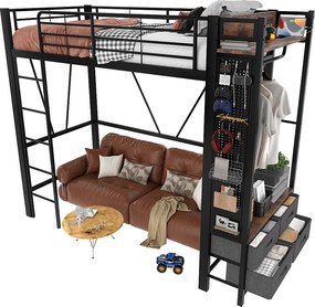 Łóżko piętrowe 90×200 cm - z suszarką - 4 szuflady - z portem USB+TYPE-C - oświetlenie LED - czarne