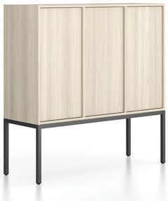 Szafa biurowa FRAME, niska, czarna podstawa, 3x drzwi, 1299 x 450 x 1331 mm, PUSH-Lock, dąb naturalny