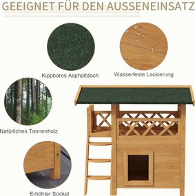 PawHut Domek dla kotów, Chatka dla zwierząt, Dach asfaltowy, 2 Poziomy, 1 Schody, Naturalny + Zielony
