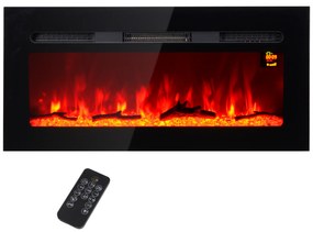 HOMCOM Elektryczny Kominek ścienny z pilotem, sztuczne polana i kryształy, 1800W, Czarny