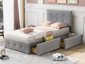 Łóżko tapicerowane 90 x 200 cm z 2 szufladami - Aksamit - Stelaż listwowy w zestawie - Szare