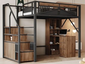 Łóżko antresolowe metalowe 140x200 cm - z drabinką ze schowkiem - Czarne (materac nie jest dołączony)