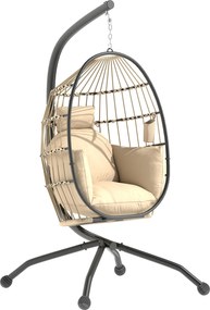 Outsunny Wiszący fotel bujany na zewnątrz ze składanym koszem i grubymi poduszkami, stojak, poduszka pod głowę, uchwyt na kubek, Khaki | Aosom PL