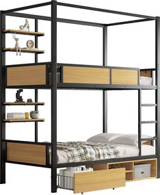 Łóżko piętrowe 90×200 cm - z półką - z 1 szufladą i schowkiem - Metal + MDF - Czarny + Naturalny