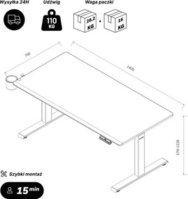 Biurko elektryczne z regulacją wysokości ergonomiczne antracytowe/dąb sonoma,1400x700 mm: ARIA