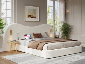 Łóżko tapicerowane ze schowkiem 180x200 cm - z USB i lampką do czytania - Tkanina typu bouclé - Biały (bez materaca)