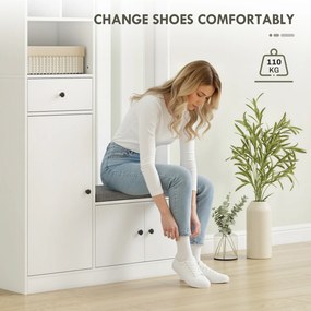 HOMCOM Szafa garderobiana 180 cm z wieszakiem, ławką na buty, 4 haczykami, otwartymi półkami, MDF, Biały