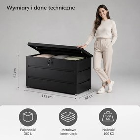 Metalowa skrzynia ogrodowa Carrie 360 litrów, 119 × 58 × 52 cm, kolor czarny