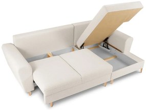 Beżowy rozkładany/ze schowkiem narożnik z materiału bouclé (prawostronny/z szezlongiem) Kyoto – Cosmopolitan Design