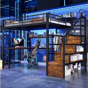 Metalowe łóżko piętrowe dla dzieci - 140 x 200 cm - z 2 szufladami + szafa + oświetlenie LED + biurko + drabinka - czarne