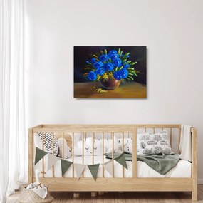 Obraz na szkle niebieskich kwiatów w wazonie (70x50 cm)